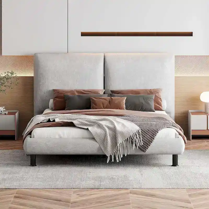 Upholstered Platform Bed with Two Large Headrests and Thick Fabric