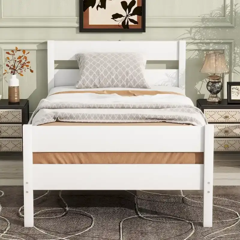 Twin Bed with Headboard & Footboard, White, Space-Saving Design with Storage