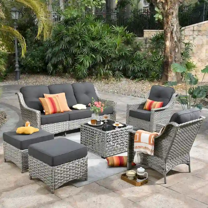 OVIOS 6 Pieces Outdoor Wicker Set With Solar-Powered Table