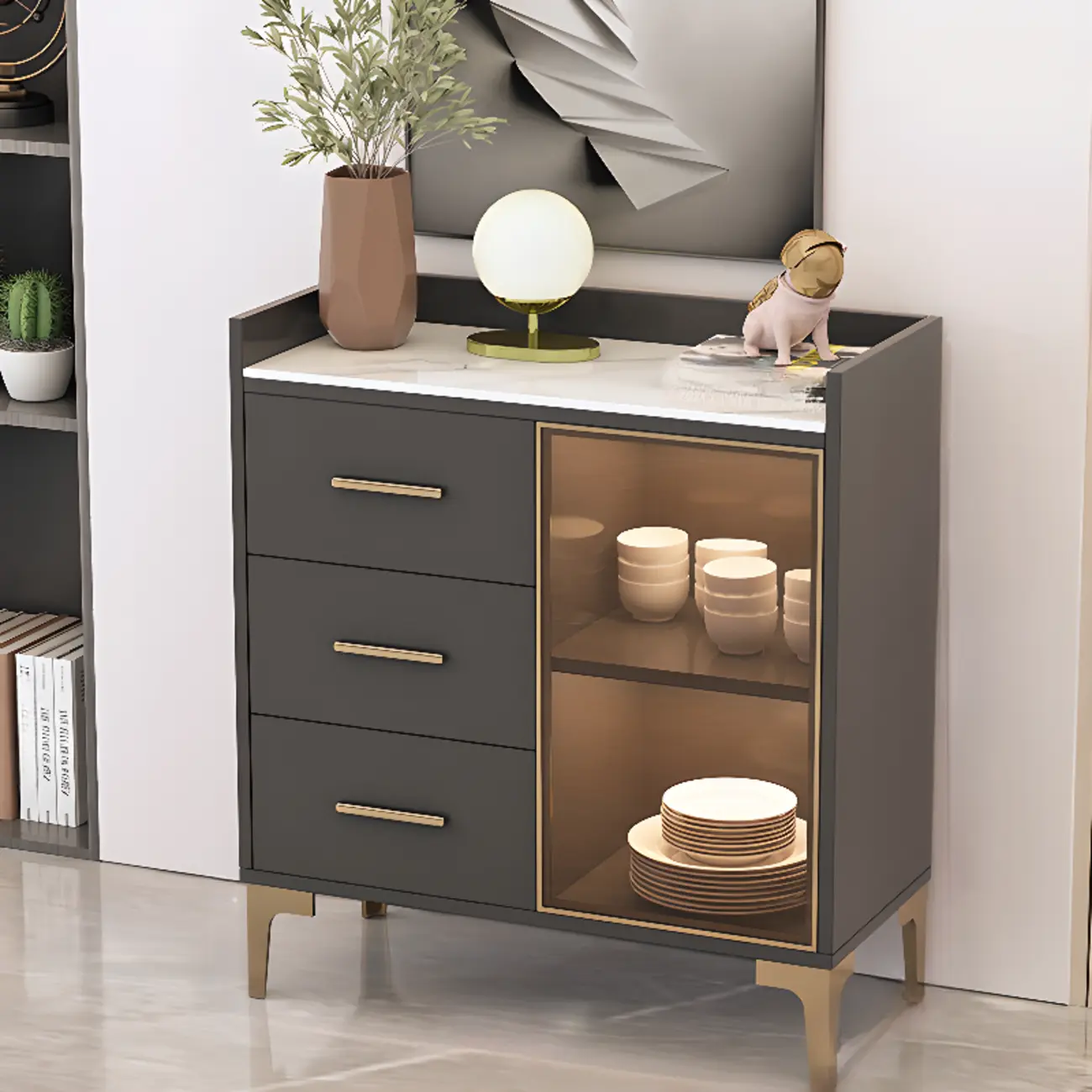 Trendy 6 Drawers White/Black Kitchen Cabinets with Metal Foot