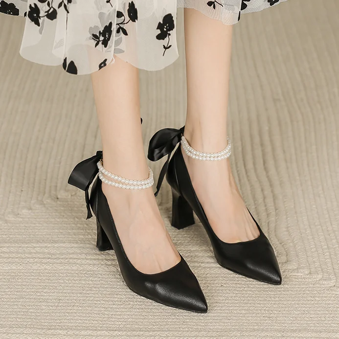 Shoes for Woman  Pumps High Heels Women's Summer Footwear on Heeled Moccasins with Straps Chunky Bow Bride Block Heel Young - Deanwangkt