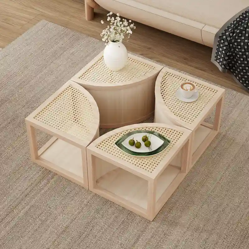 31.4 Modern Wooden Block Modular Coffee Table with Natural Ratta and Storage for Living Room