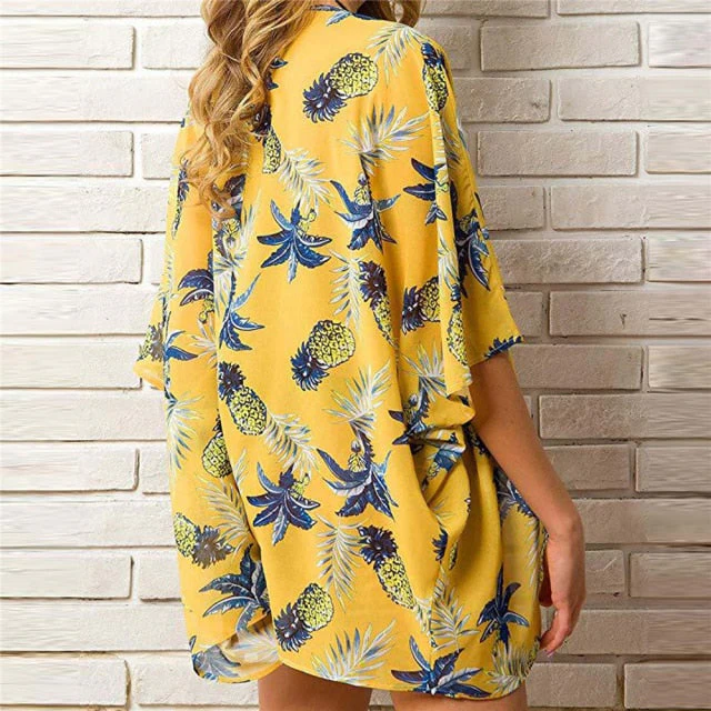 Casual Leaves Print Chiffon Kaftan Beach Cover Up Cardigan Shawl Swimwear Women Summer Swimsuit Pareos Cape Saida De Praia - Deanwangkt