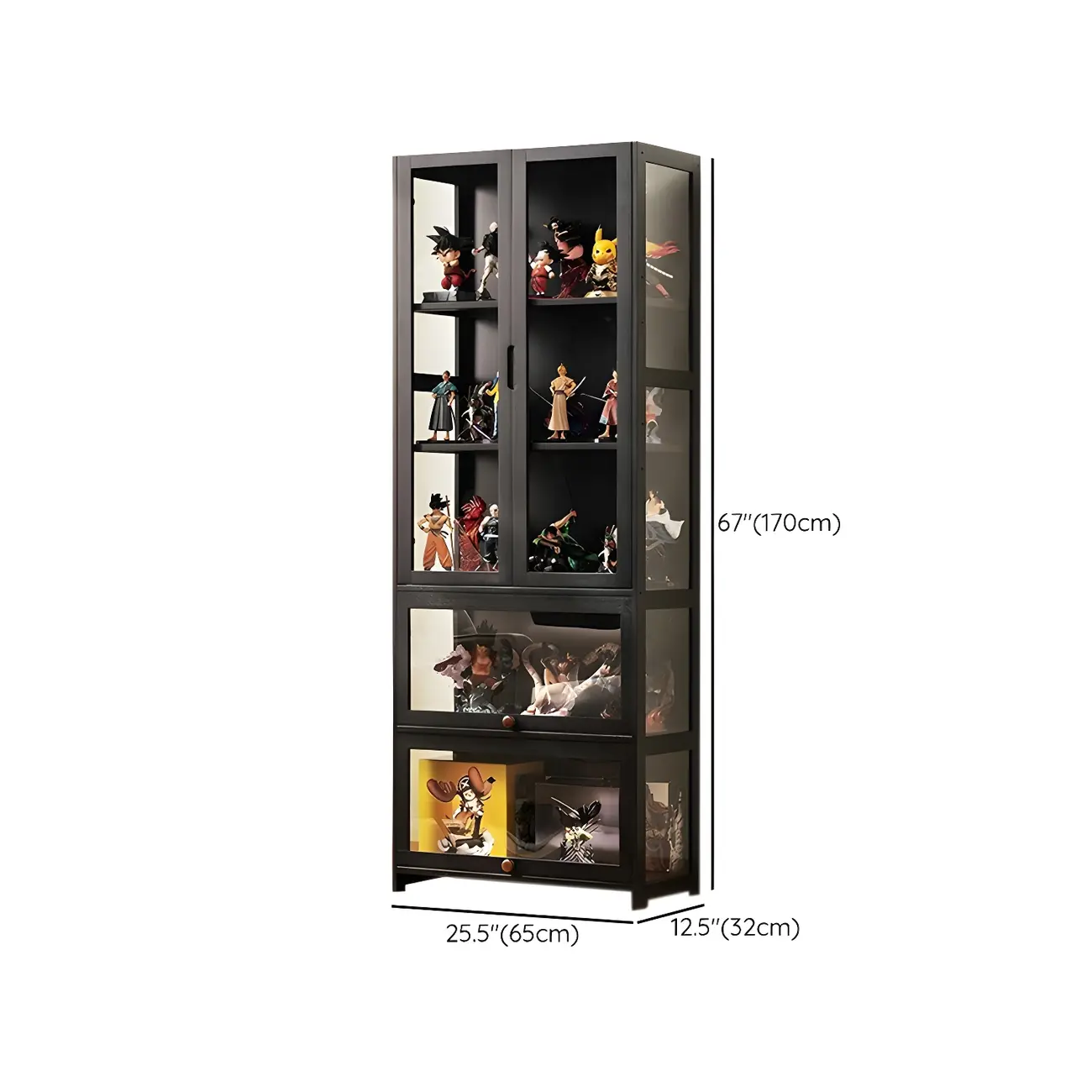 Modern Black Bamboo Adjustable Shelves Glass Display Cabinet