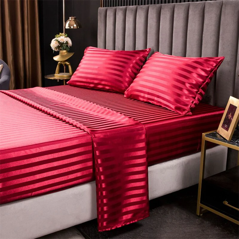 HULIANFU Luxury Jacquard Satin Stripe Silk Bed Sheet Set King Size High End Soft Smooth Queen Fitted Sheets with Elastic Band Bedsheet - Deanwangkt