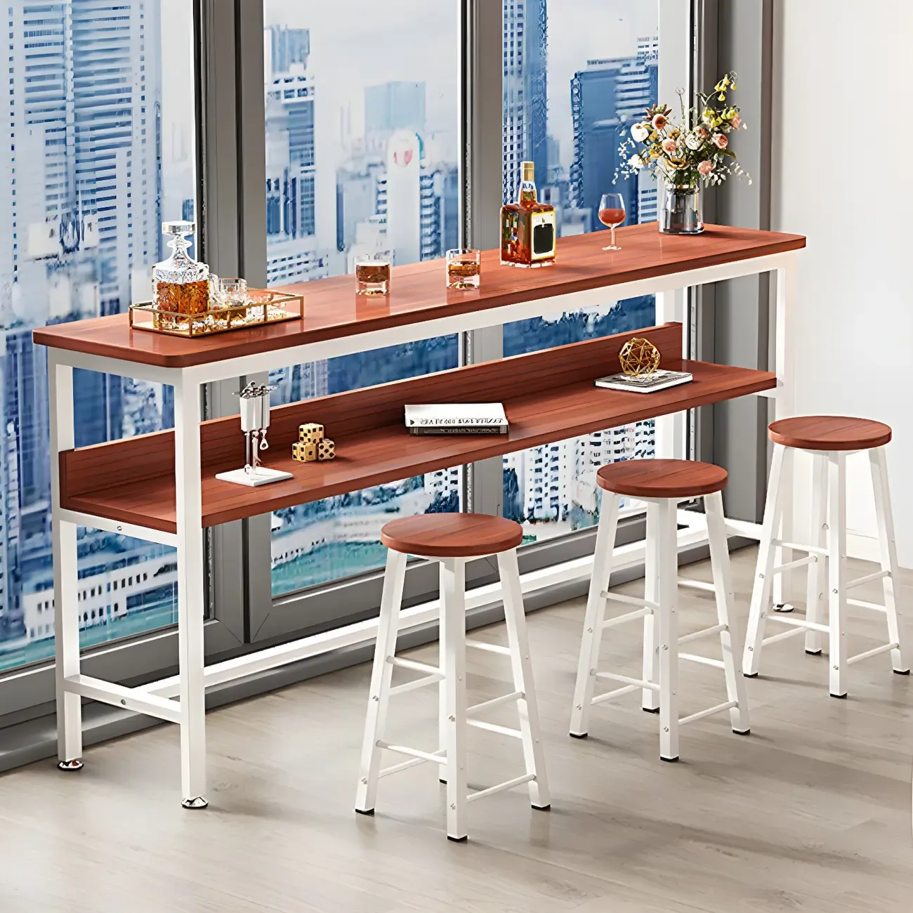 Modern Wooden Metal Base Shelf Bar Table with Footrest