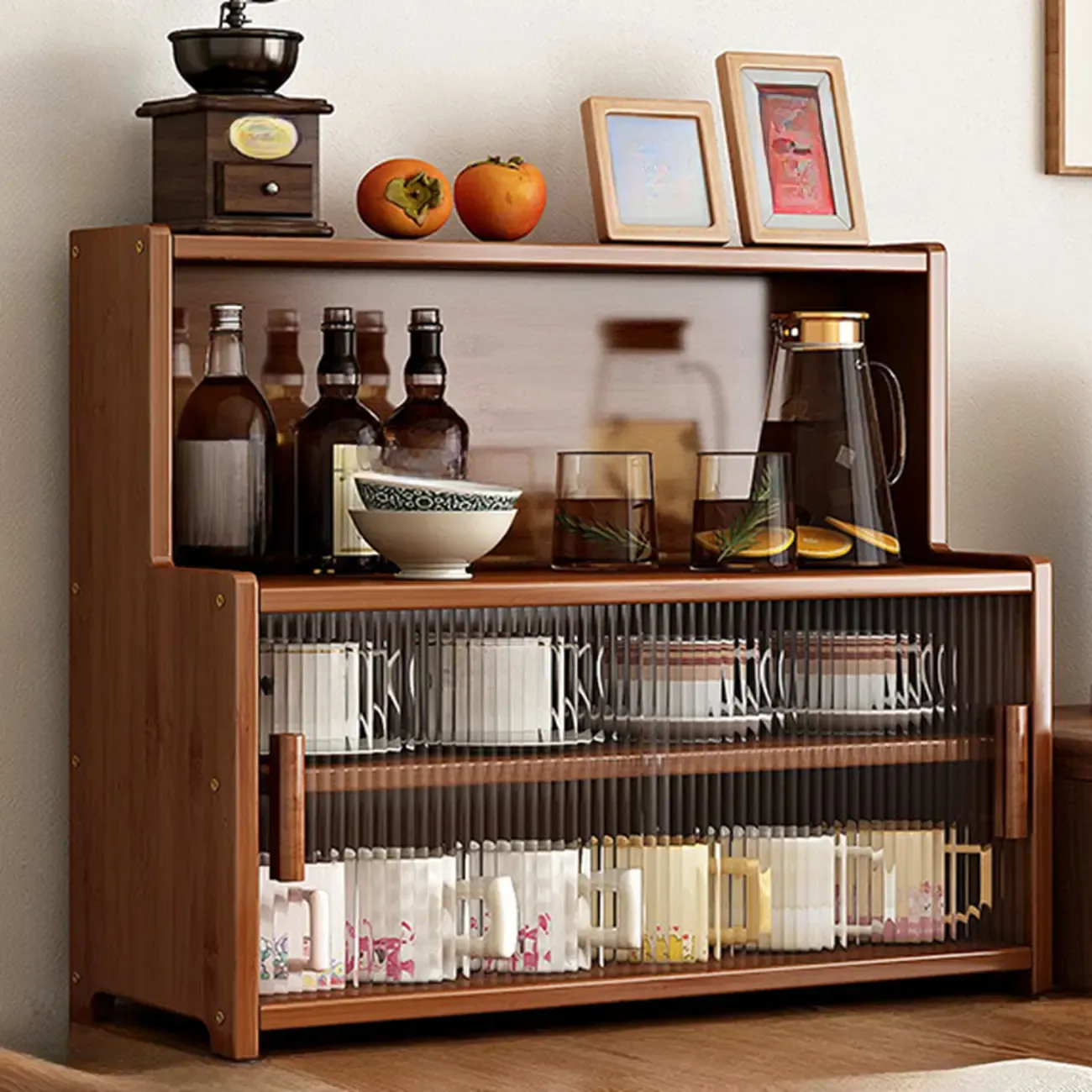 Modern Bamboo Narrow Buffet with Wood Countertop