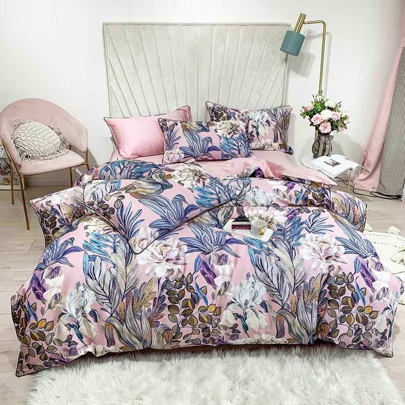 HULIANFU Tropical Leaves Flowers Duvet cover set Silky Soft 100%Egyptian Cotton Bedding set Queen King Bed sheet Quilt Cover Pillowcases - Deanwangkt