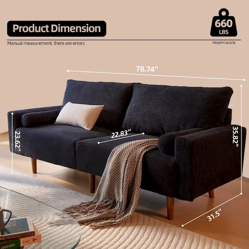 HOOOWOOO Mid-Century Modern Upholstered Sofa Couch with Rolled Pillows