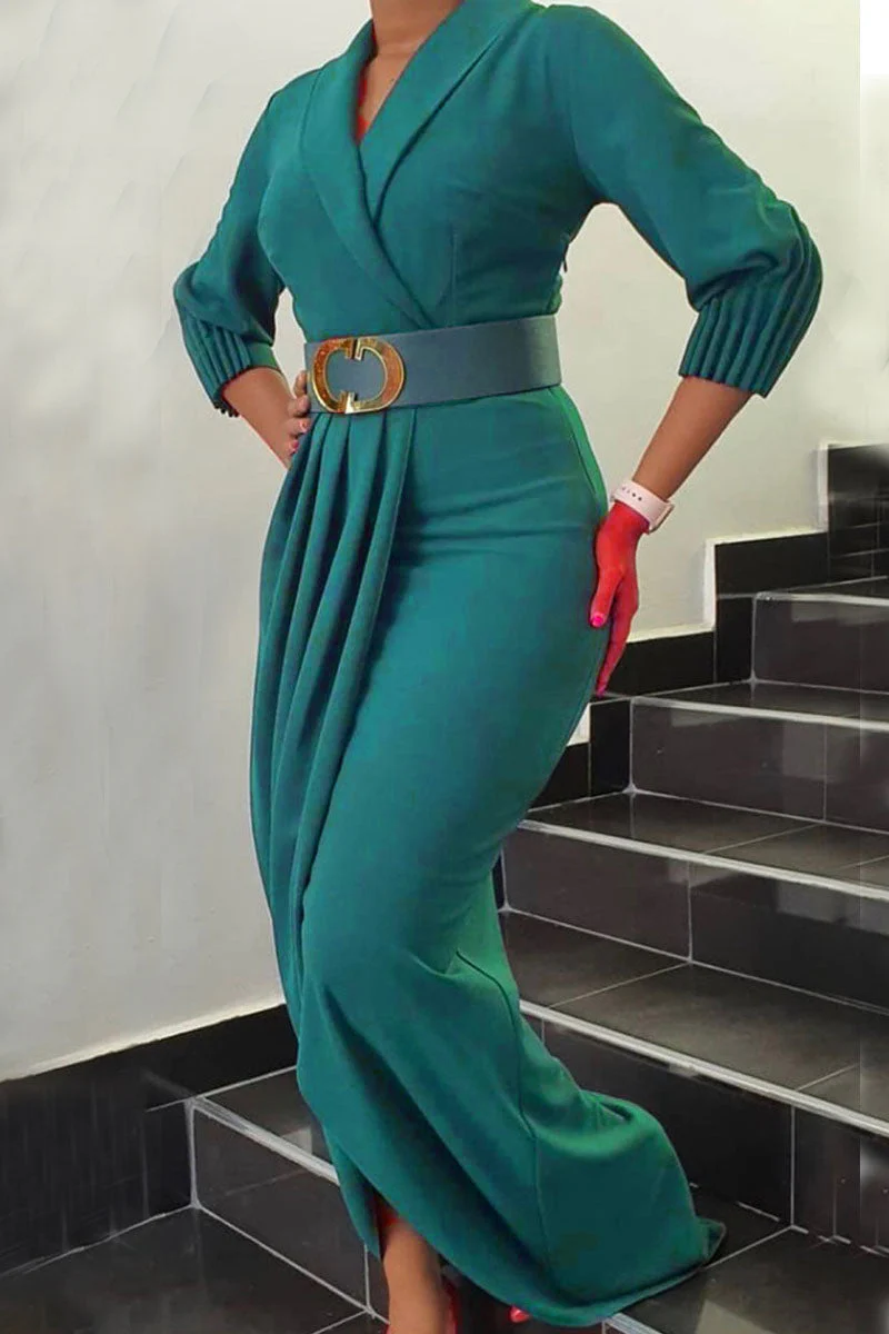 hulianfu Elegant Solid Patchwork Fold With Belt V Neck Long Sleeve Plus Size Dresses - Deanwangkt