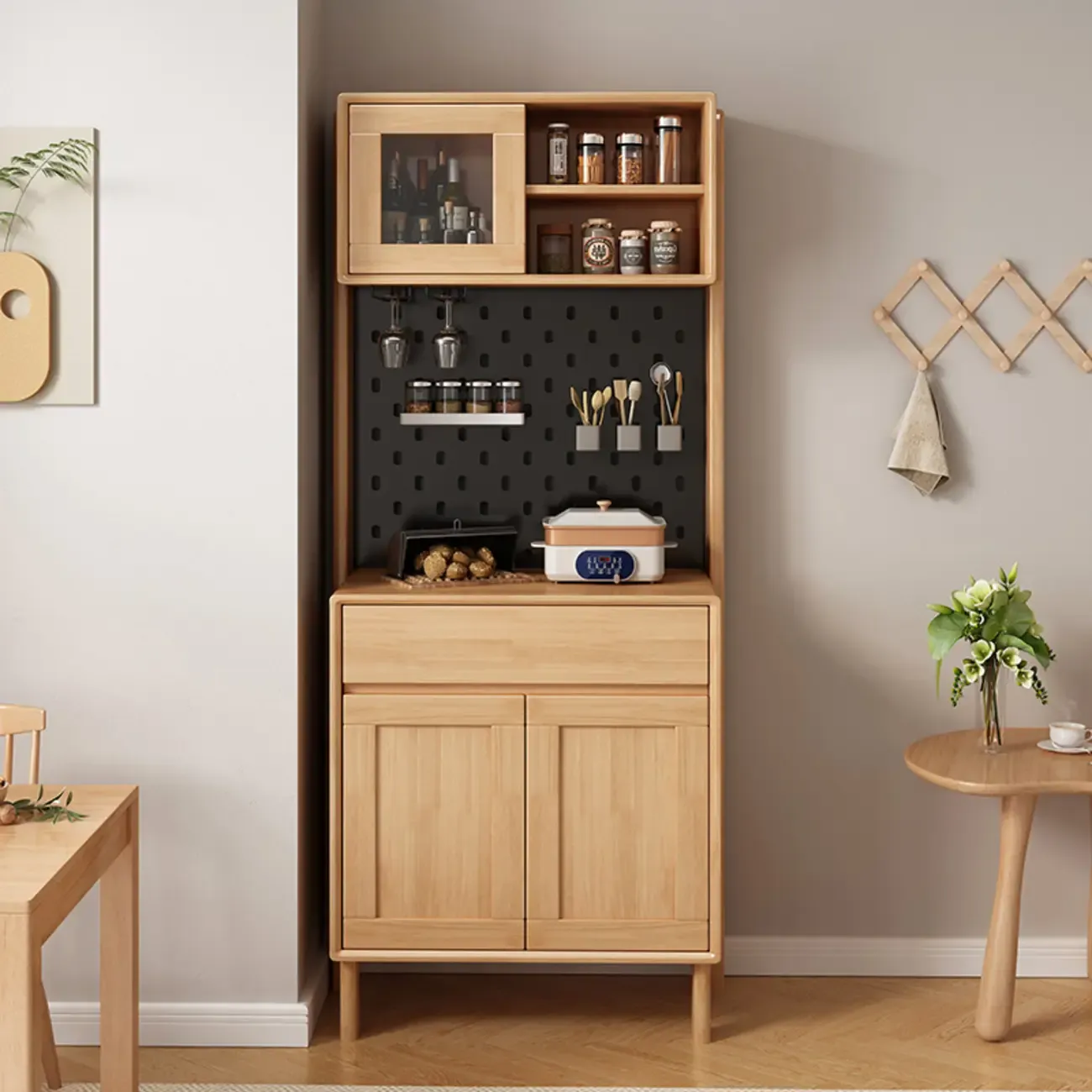 Multi-Functional Natural Wooden Nordic Sideboard with Hutch