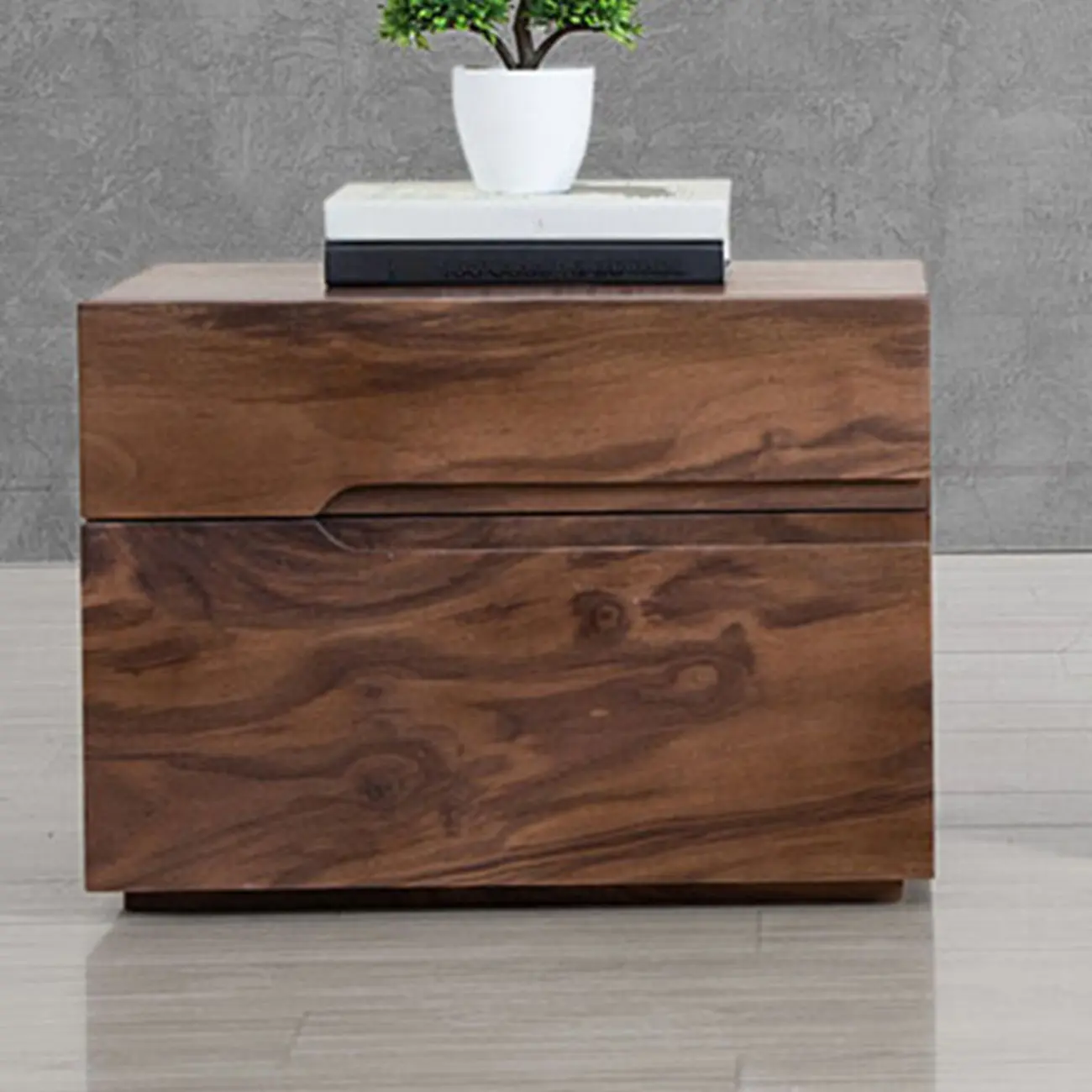 Scandinavian Brown Wood Bedside Table with 2 Drawer