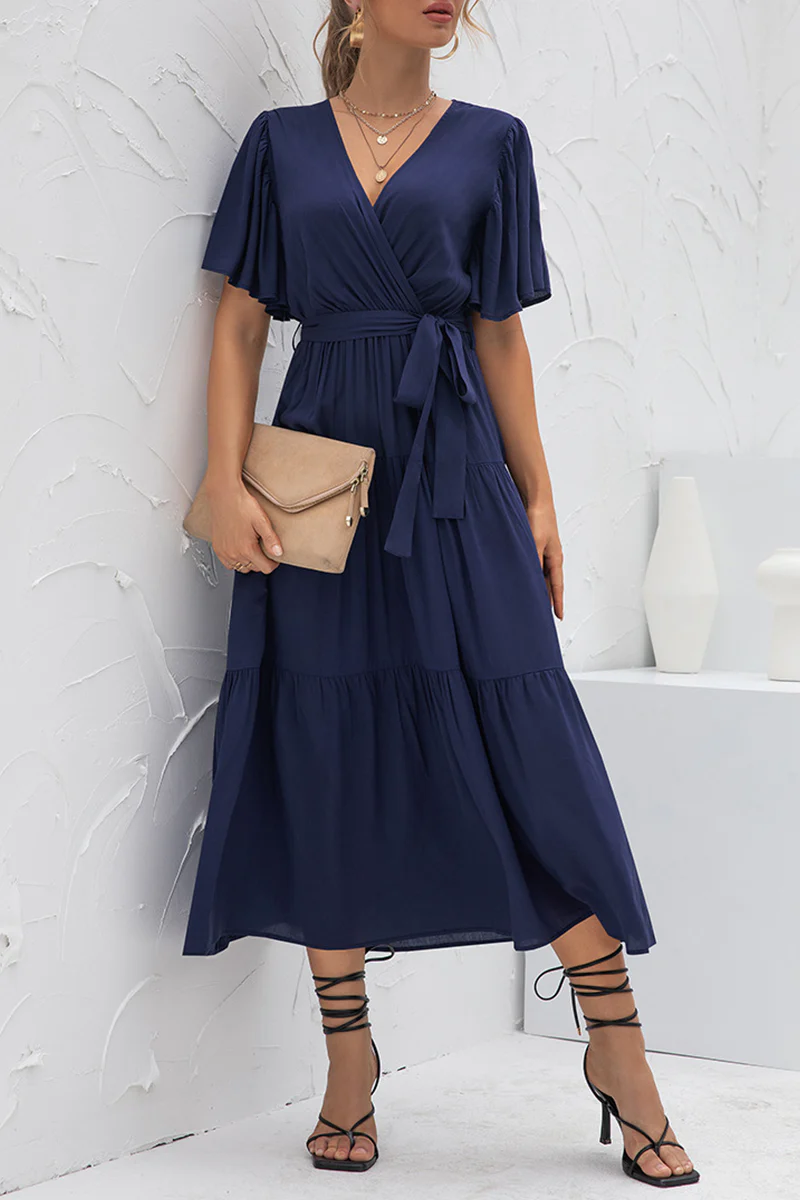 hulianfu Elegant Solid Patchwork With Belt V Neck Cake Skirt Dresses - Deanwangkt