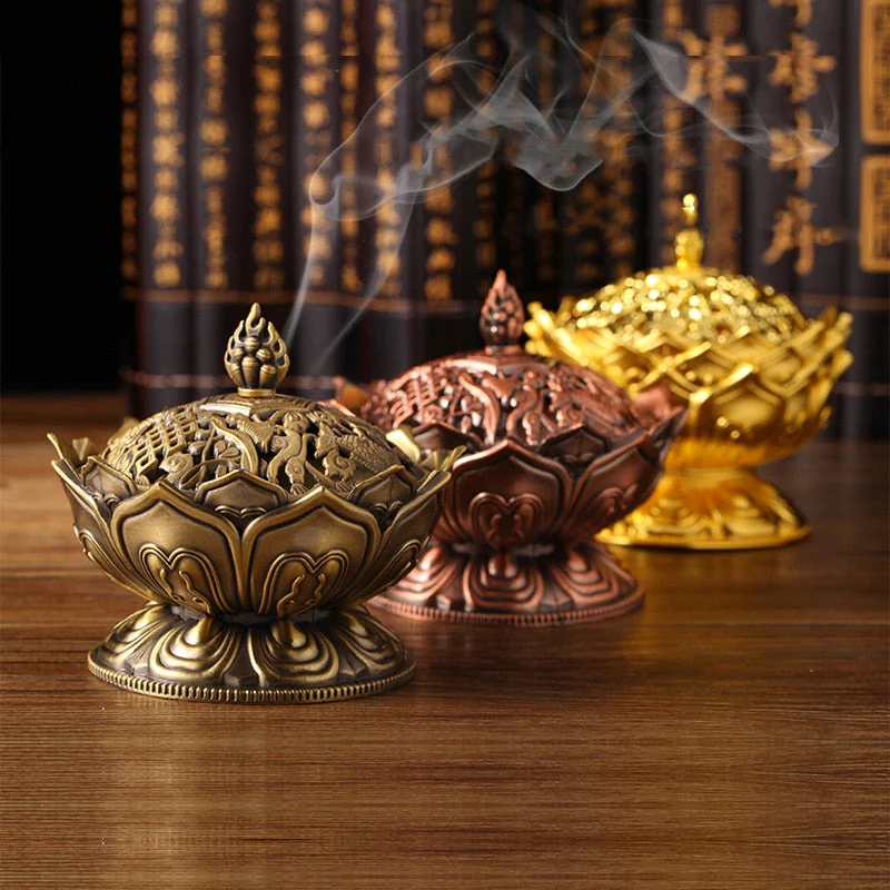 HULIANFU Lotus Flower Incense Burner Buddhism Buddha Holder Brass Mini Censer Incense Metal Craft Home Decoration - Deanwangkt