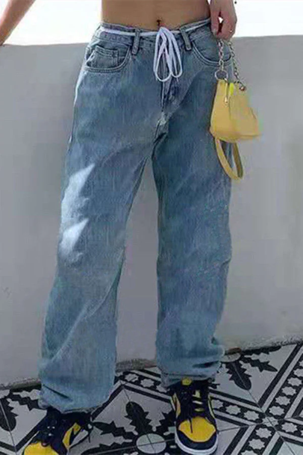 hulianfu - Baby Blue Fashion Casual Print Patchwork High Waist Regular Denim Jeans - Deanwangkt