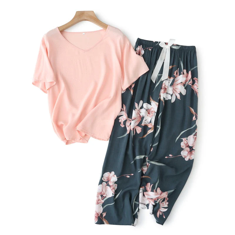 Breathable 2PCS Pajama Short Sleeve Printed Pijama Mujer Femme Loose Nightwear Suit Female Casual Homewear Pajama Set For Women - Deanwangkt