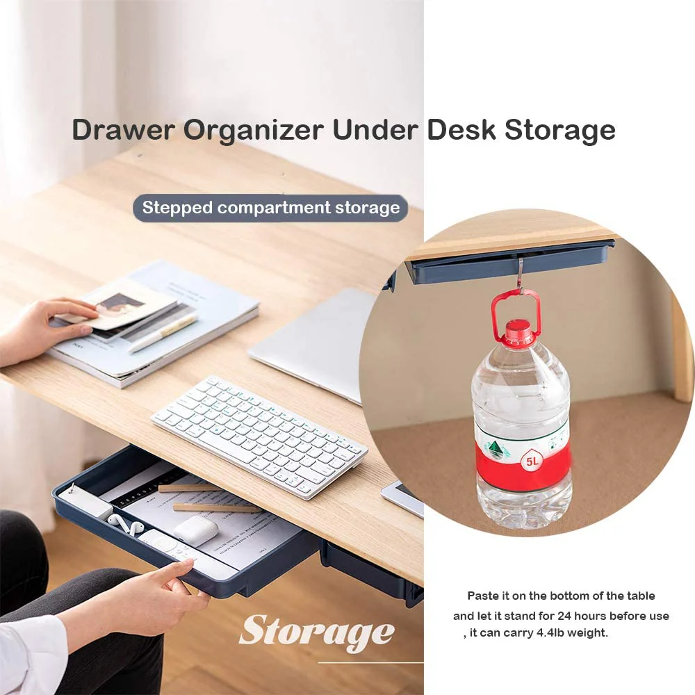 HULIANFU Under Desk Drawer Adhesive Storage Box For Office Pen Holder Hidden Sorting Box Kitchen Knife Fork Storage Tray Organizer - Deanwangkt