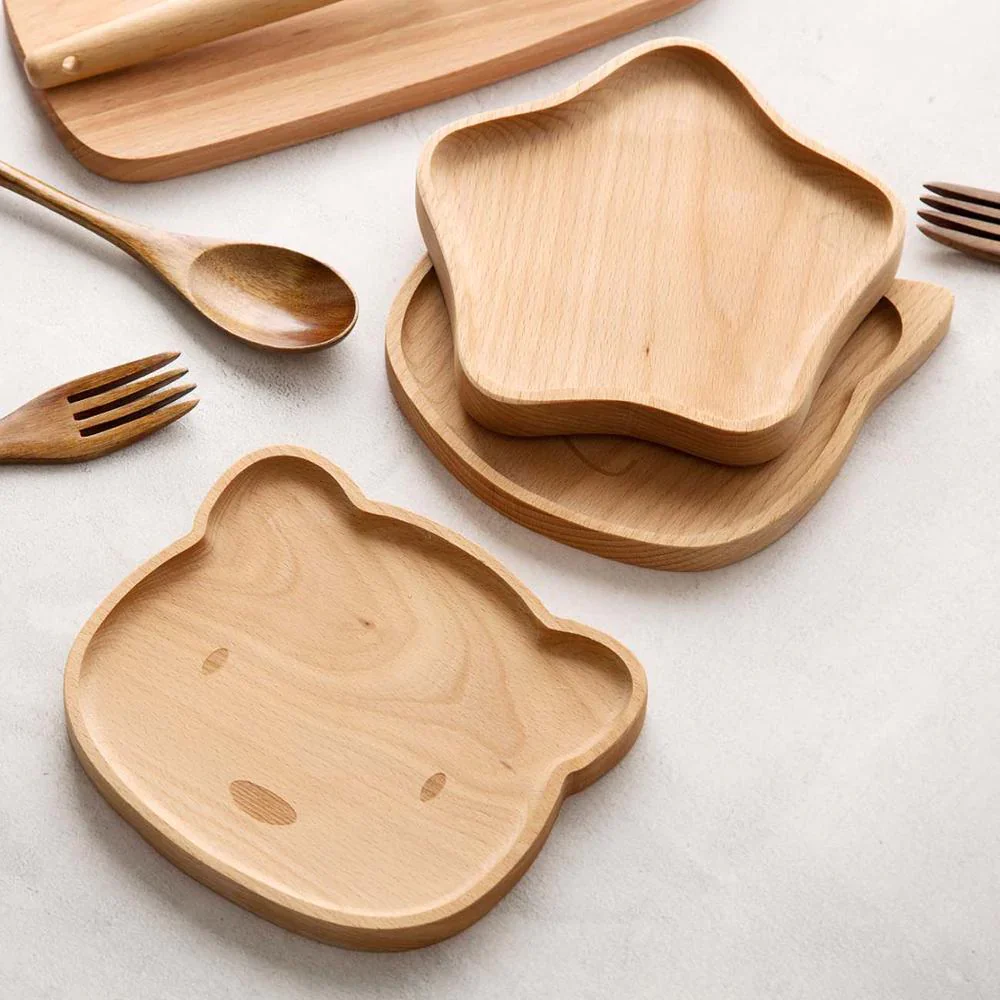 HULIANFU Natural Beech Cartoon Food Tray Wooden Cup Breakfast Plate Large Solid Wood Tableware Cake Snack Fruit Tray Safe baby Food Bowl - Deanwangkt