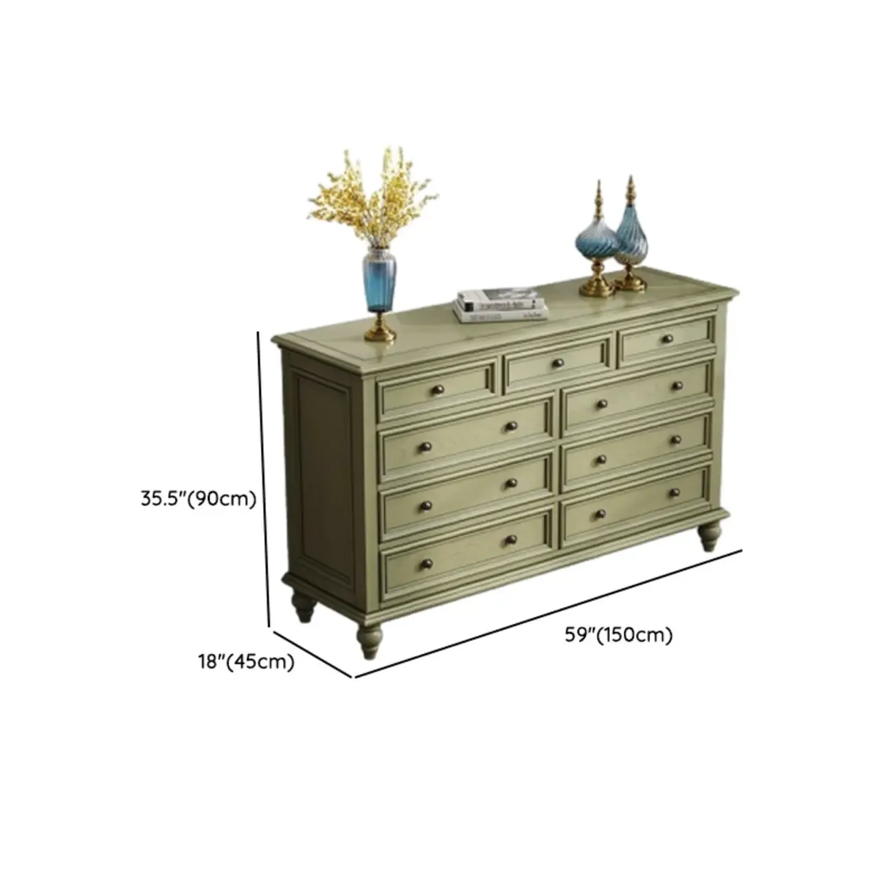 French Country Green Wooden Sideboard with Drawers