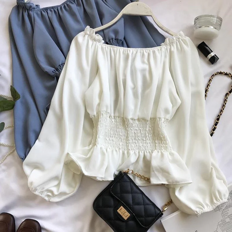 Hulianfu Youth Elegant Blouse Women Chiffon Fashion Blouse Off Shoulder White Shirt Ruffle Puff Sleeve Top Office wear - Deanwangkt