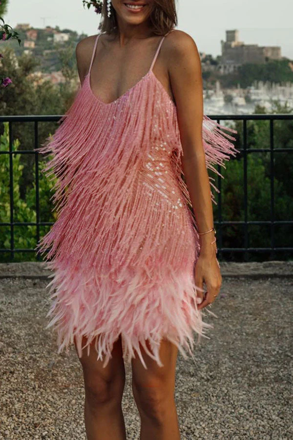 hulianfu Feather&Sequined Sweet Mini Dress - Deanwangkt