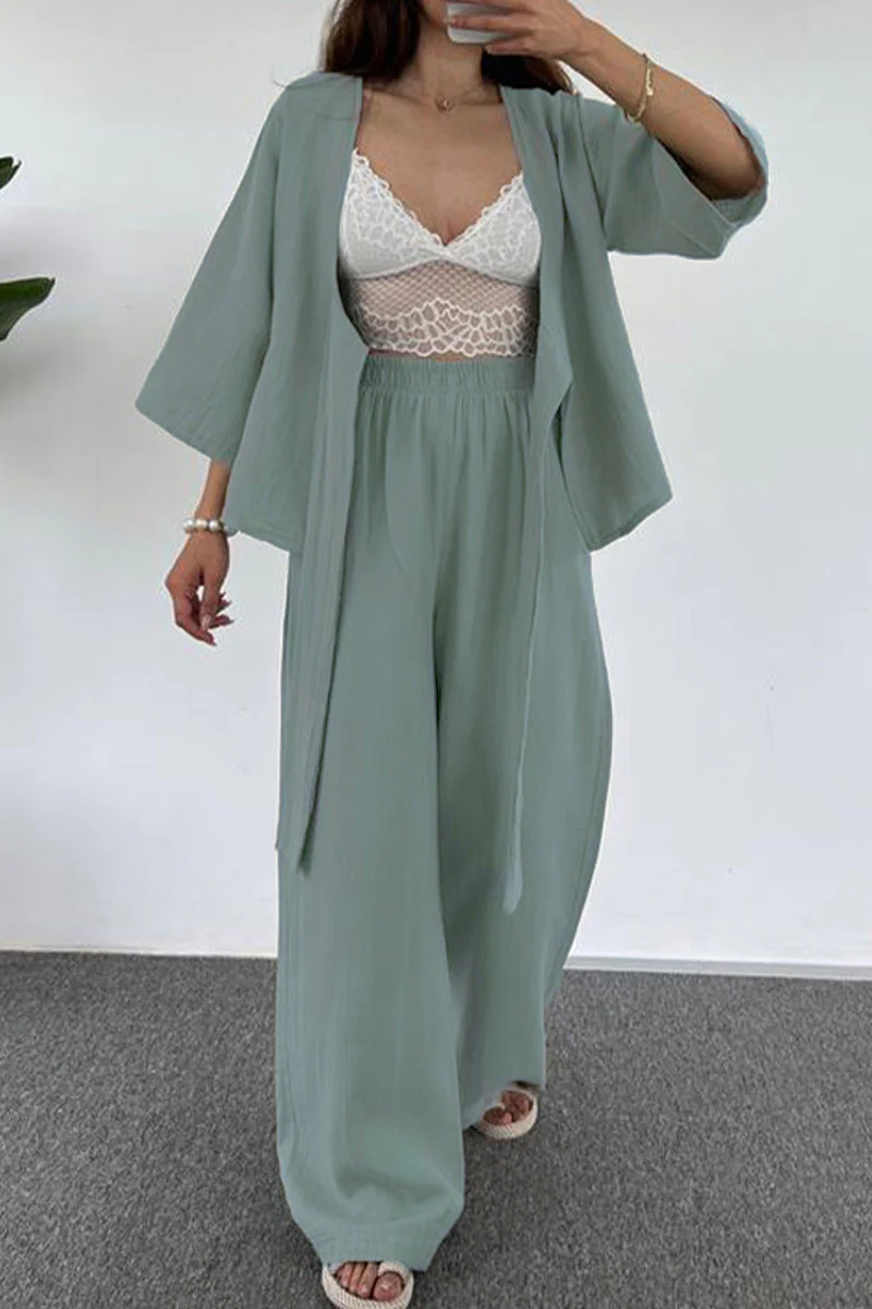 hulianfu Casual Simplicity Solid Pocket V Neck Three Quarter Two Pieces(3 Colors) - Deanwangkt