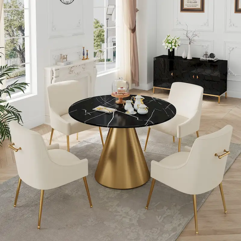 Clihome 5 Piece Black Marble Top Table with Velvet Dining Chair Set