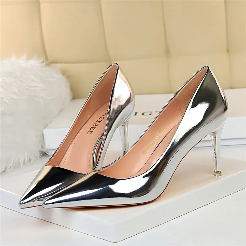 Women Patent Leather Pumps 7.5cm 10.5cm High Heels Lady Stiletto Low Heels Wedding Bridal Mteallic Silver Gold Sparkly Shoes - Deanwangkt