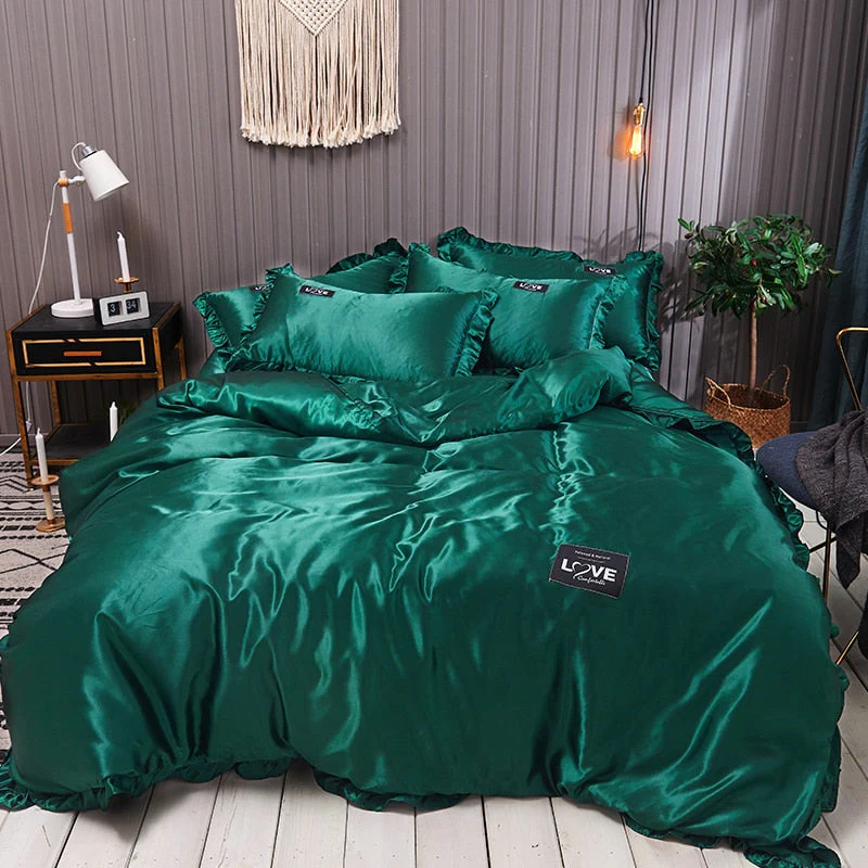 HULIANFU Pure Satin Silk Bedding Set Lace Luxury Duvet Cover Set Single Double Queen King Size 240x220 Couple Quilt Covers White Gray Red - Deanwangkt