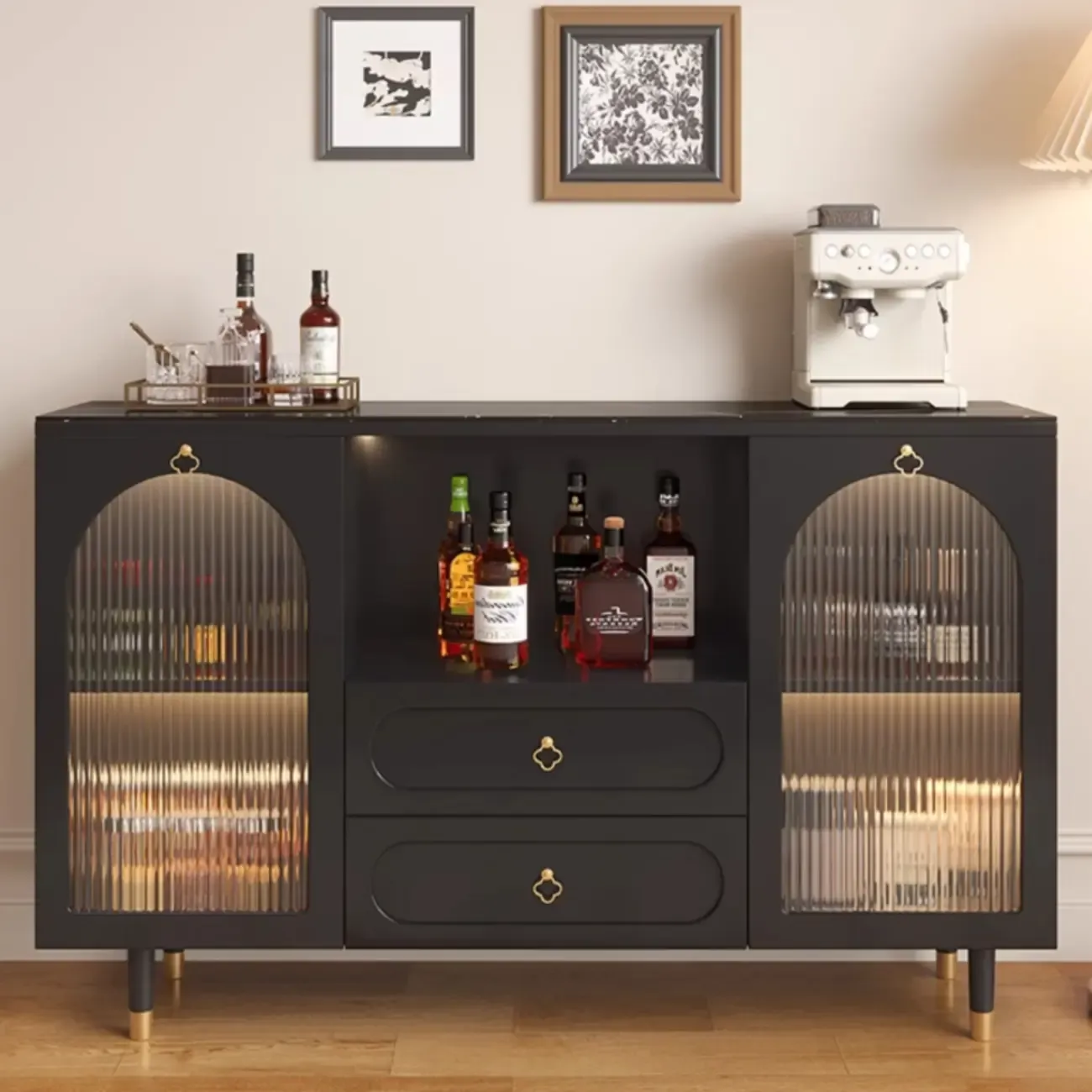 Modern Wooden 2-Drawer Open Shelving Buffet Cabinet