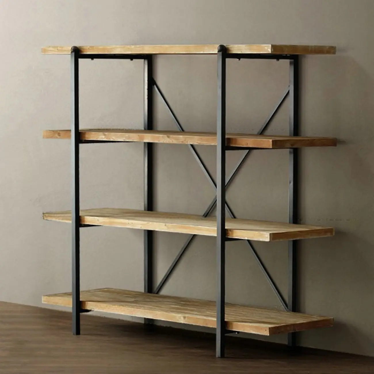 Industrial Wooden Metal Wall Bookshelf 4-Tier