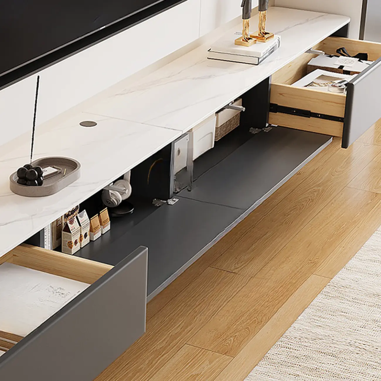 Stone Modern TV Stand with Drawers and Cable Management