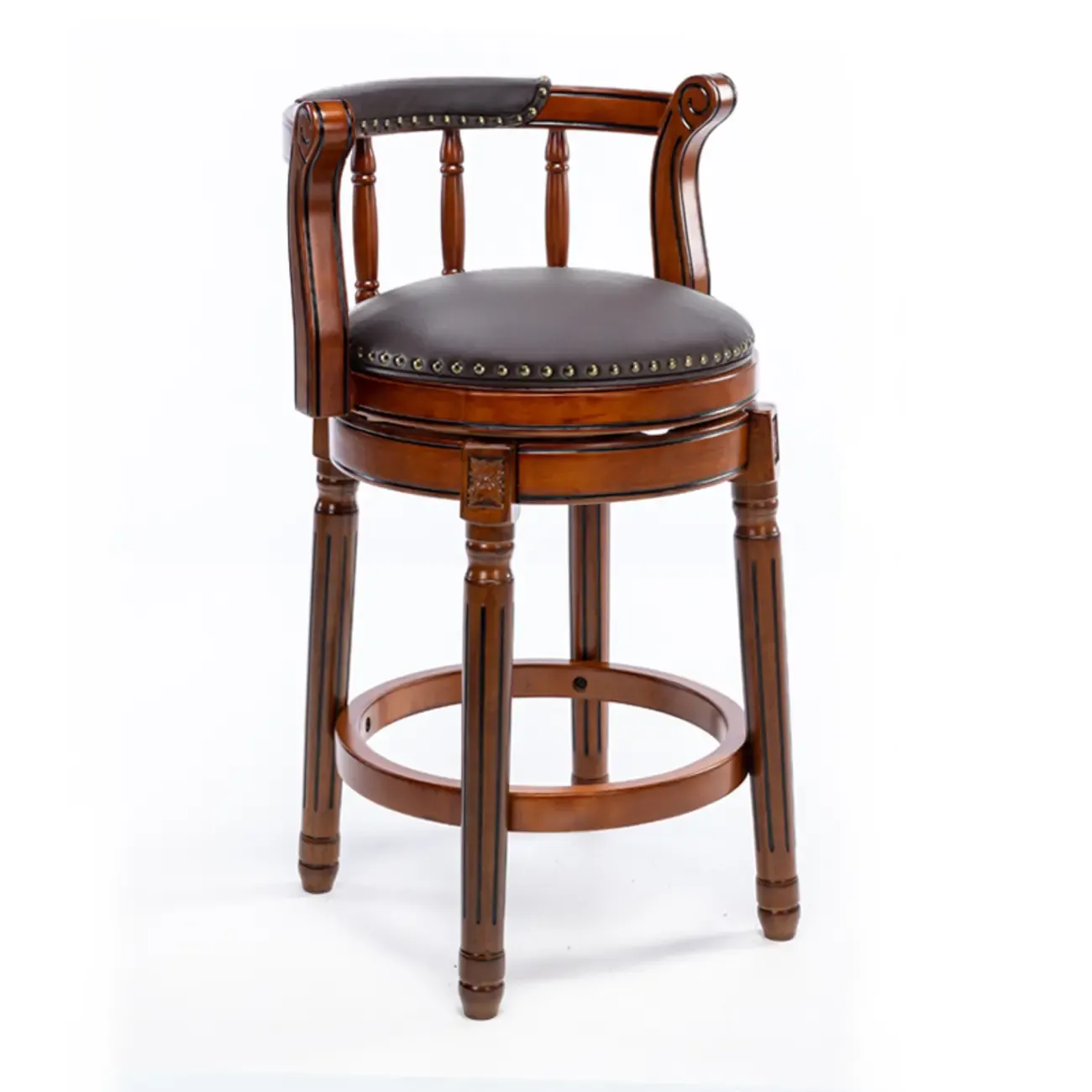 Swivel Counter Height Bar Stools in Genuine Leather & Walnut Solid Wood
