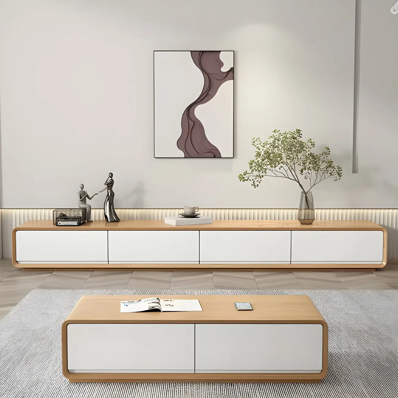 79 Natural Wood Long Floating TV Stand with Drawers