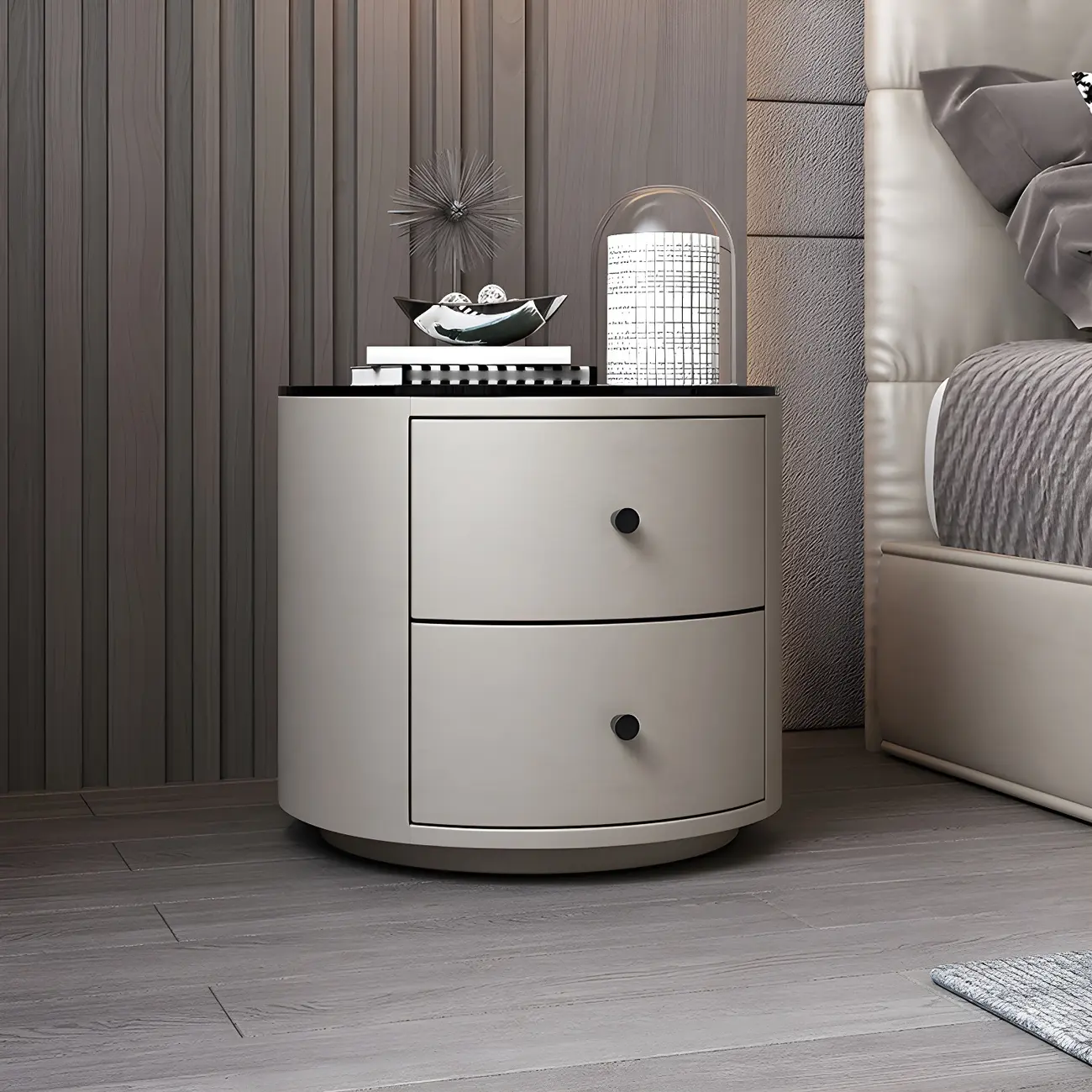 Modern Faux Leather Round Bedside Table with Two Drawers in Grey
