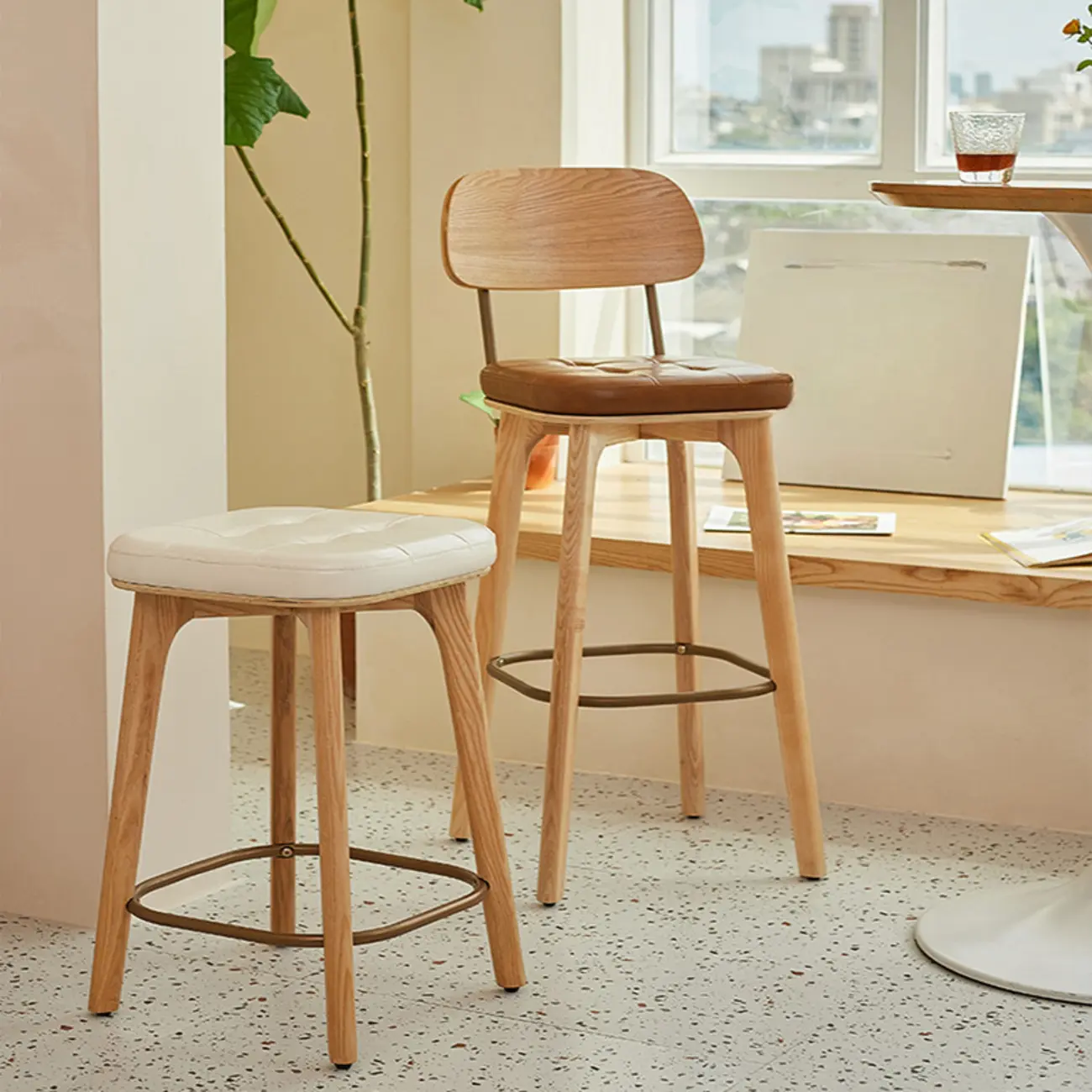Mid-Century Modern Leather Square Bar Height Stools with Backs