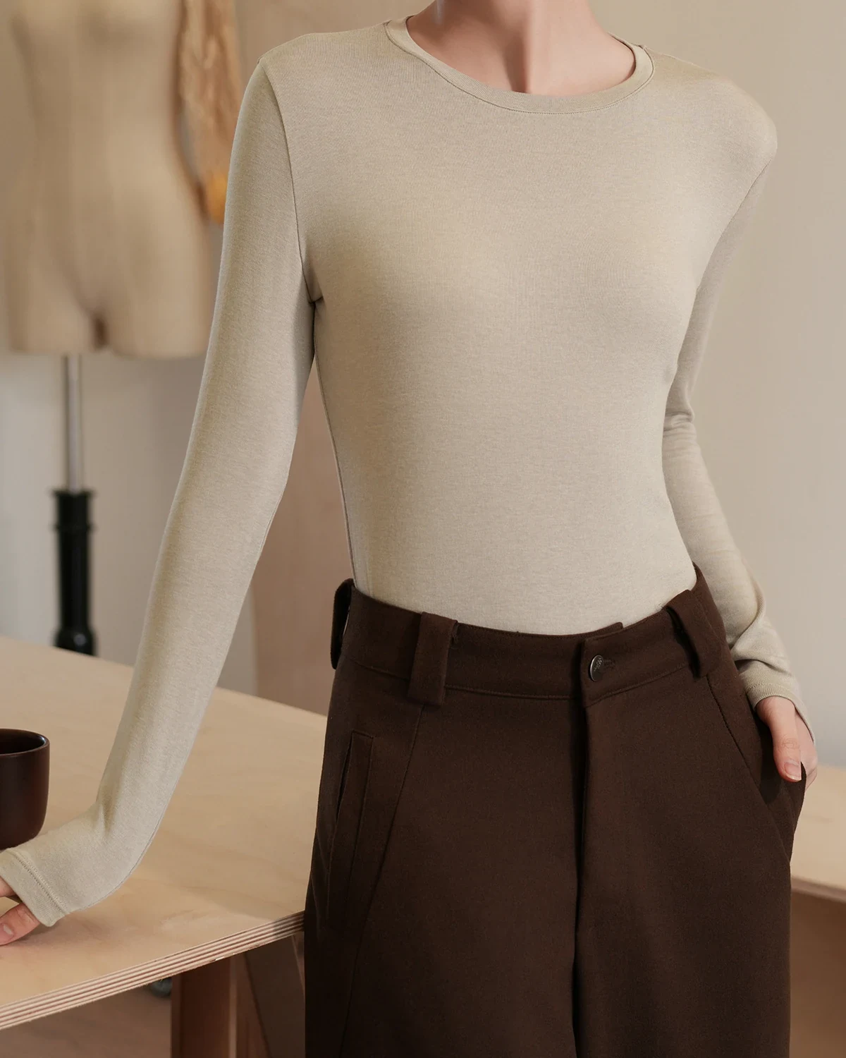 Wool acetate high-stretch base top, versatile fitted slimming inner layer, lightweight warm women's long-sleeve undershirt top