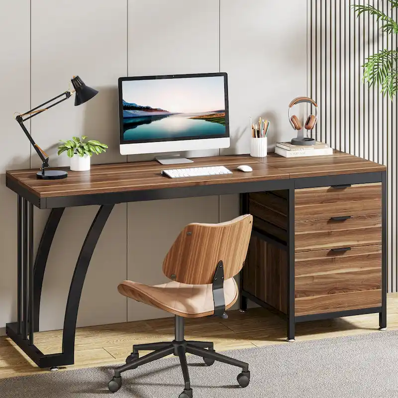 59-inch Wood/ Metal Computer Desk Writing Table with 3 Reversible Drawers