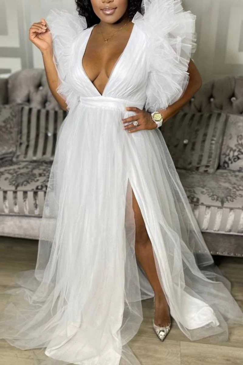 hulianfu Ladies Fashion Loose Large Swing Mesh Sexy Sleeveless V-neck Commuter Large Women Dress Pure White Dress - Deanwangkt