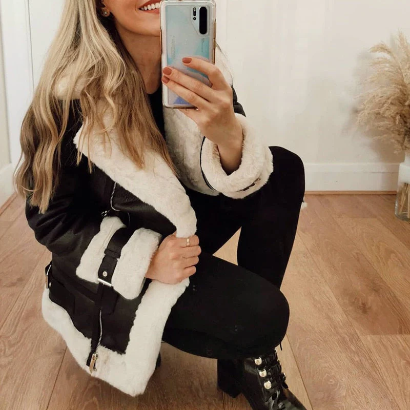 Autumn Winter Coat Women Pu Faux Soft Leather Black White Sheepskin Fur Jacket Female Aviator Outwear Casaco Feminino - Deanwangkt