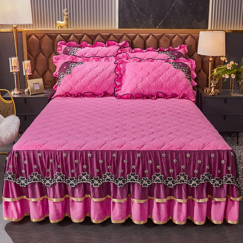 HULIANFU Luxury Super Soft Crystal Velvet Fleece Lace Ruffles Quilted Bed Skirt Mattress Cover Bedspread Pillowcase Bedding Home Textiles - Deanwangkt