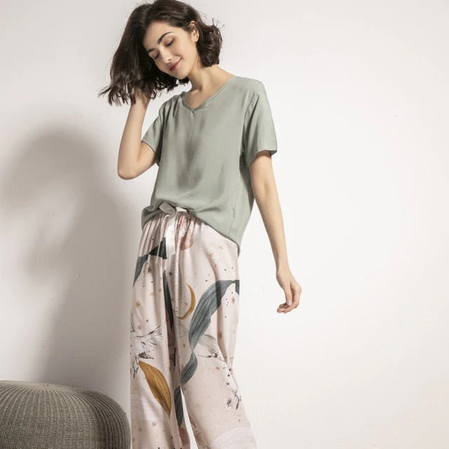 Breathable 2PCS Pajama Short Sleeve Printed Pijama Mujer Femme Loose Nightwear Suit Female Casual Homewear Pajama Set For Women - Deanwangkt