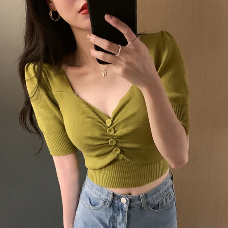 Hulianfu Vintage Puff Short Sleeve V-neck Knitted T-shirts With Decorated Buttons Girls Solid Stretchy Crop Tops Thin Knitwear For Women - Deanwangkt