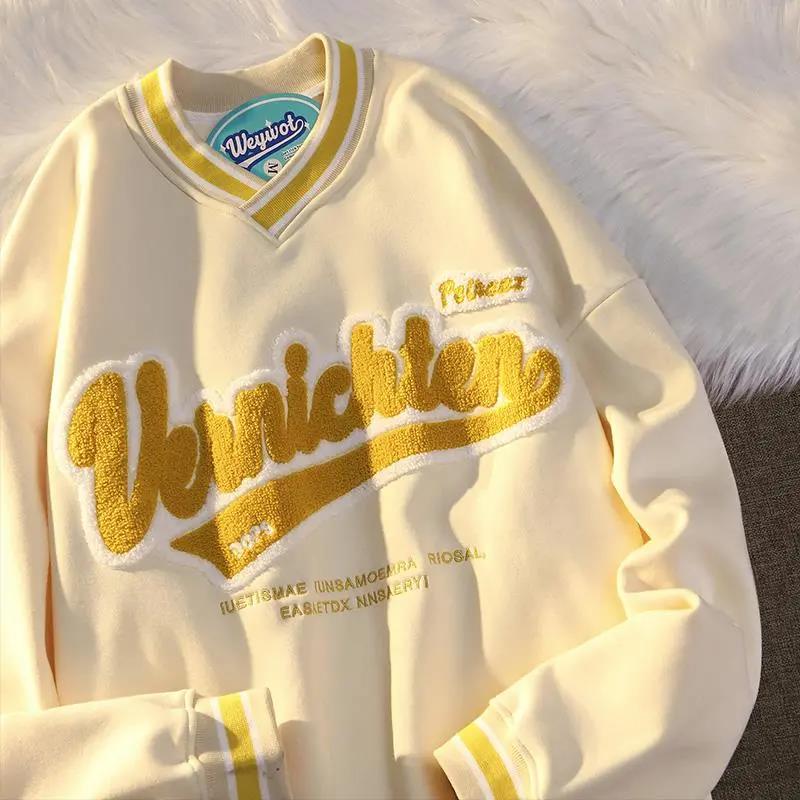 Vintage Punk Style Streetwear Chic V-neck Letter Embroidery Sweatshirt Women Baseball Oversized Tops Harajuku Clothes for Teens - Deanwangkt