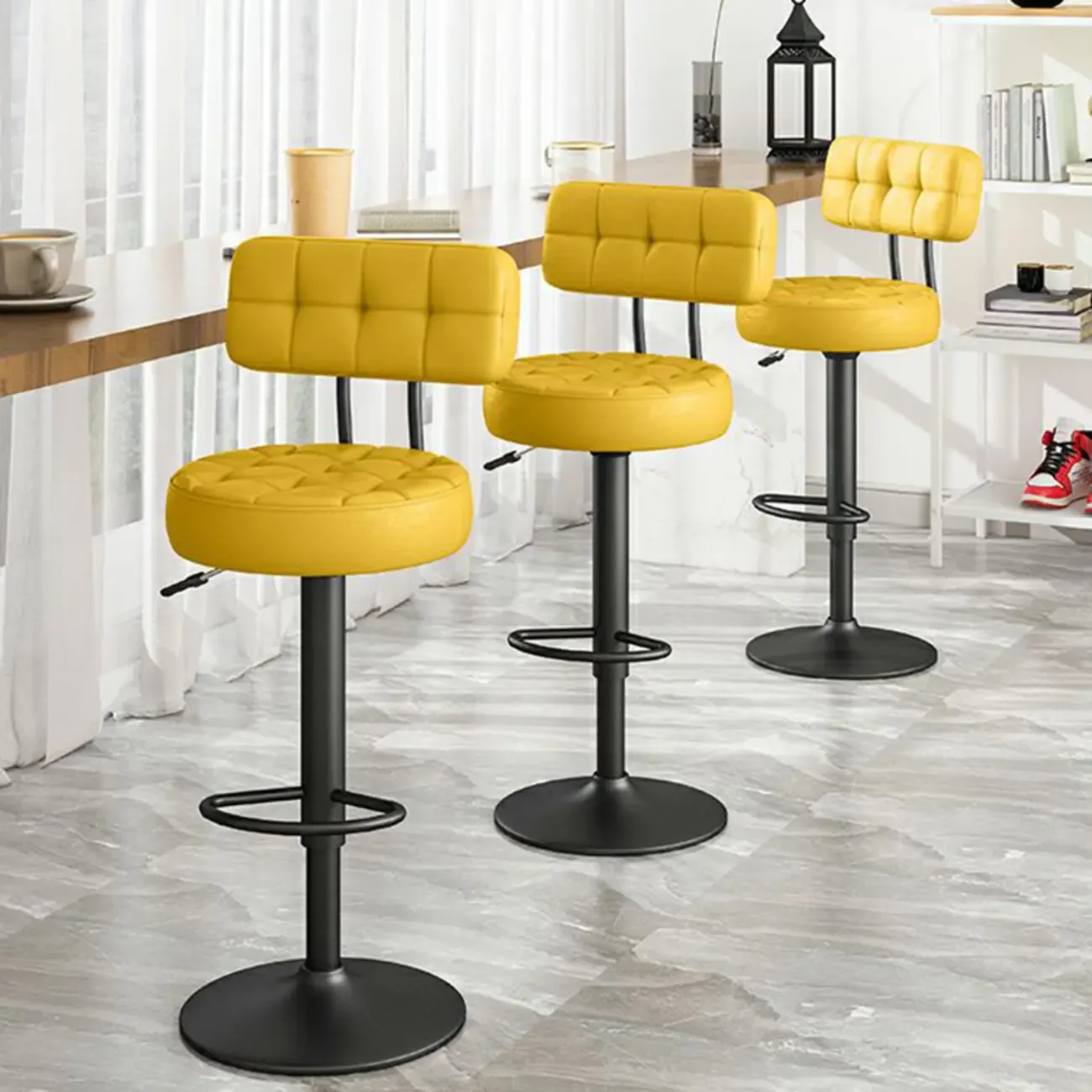 Leather Upholstered Adjustable Swivel Bar Stools