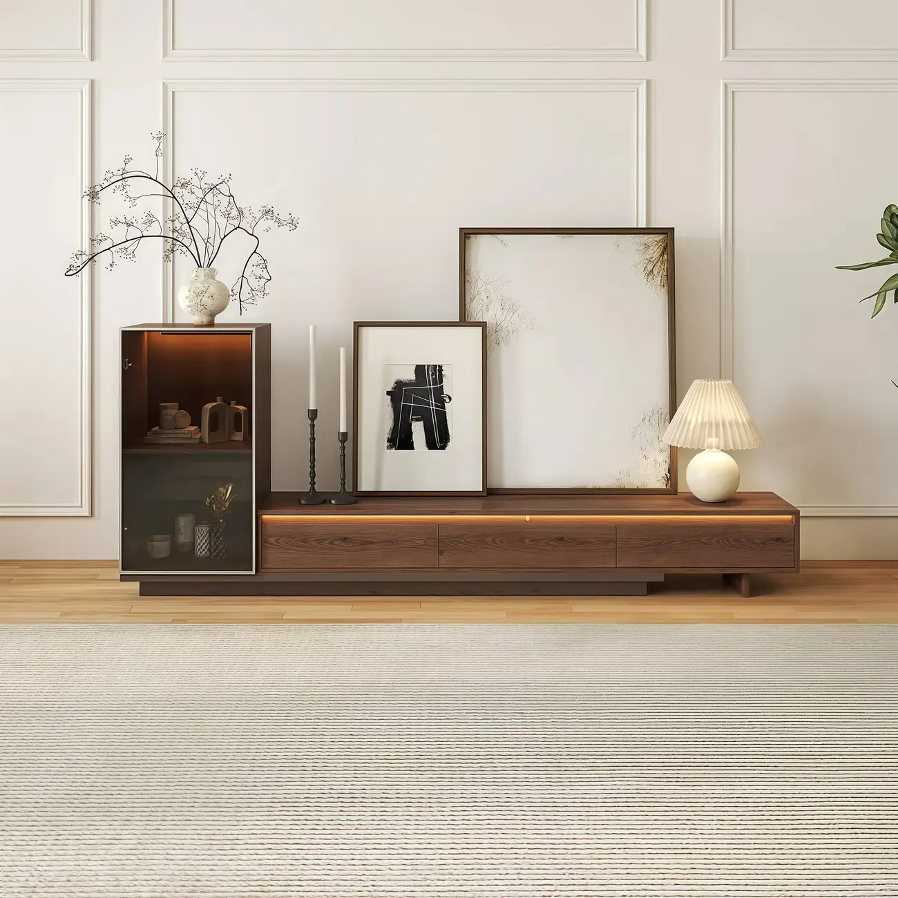 Mid-Century Walnut Extendable Wooden TV Stand with Drawers