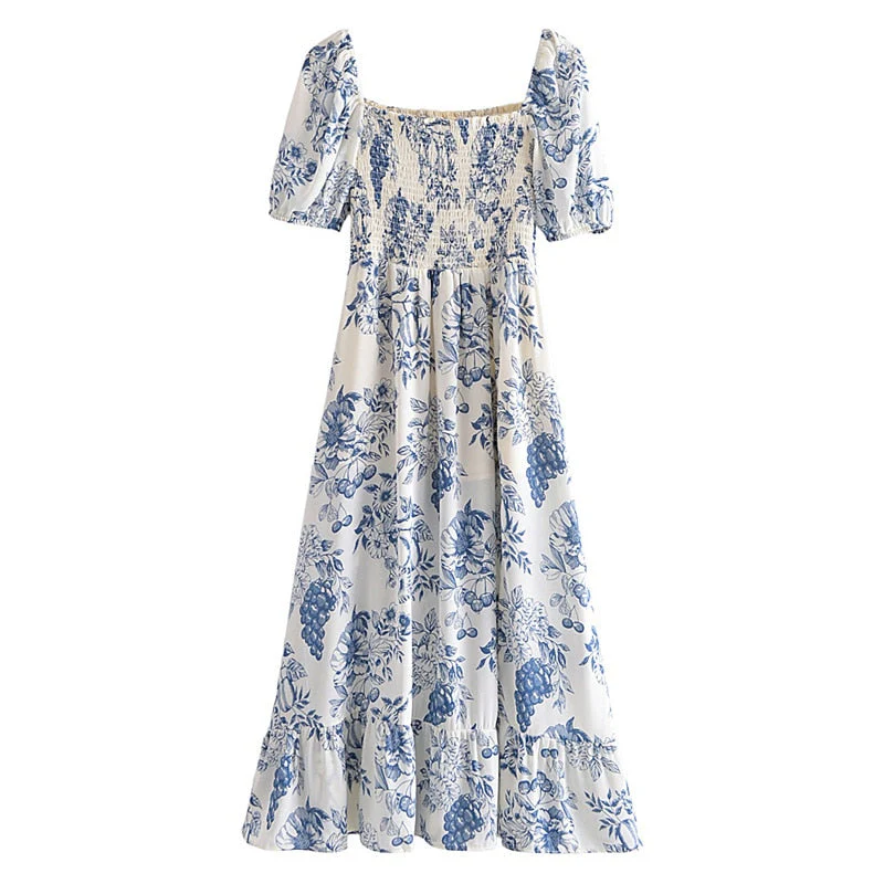 Hulianfu New Summer Women Vintage Fruit Floral Print Square Neck Puff Sleeves Elastic Sexy Side Slit Long  Midi Dress - Deanwangkt