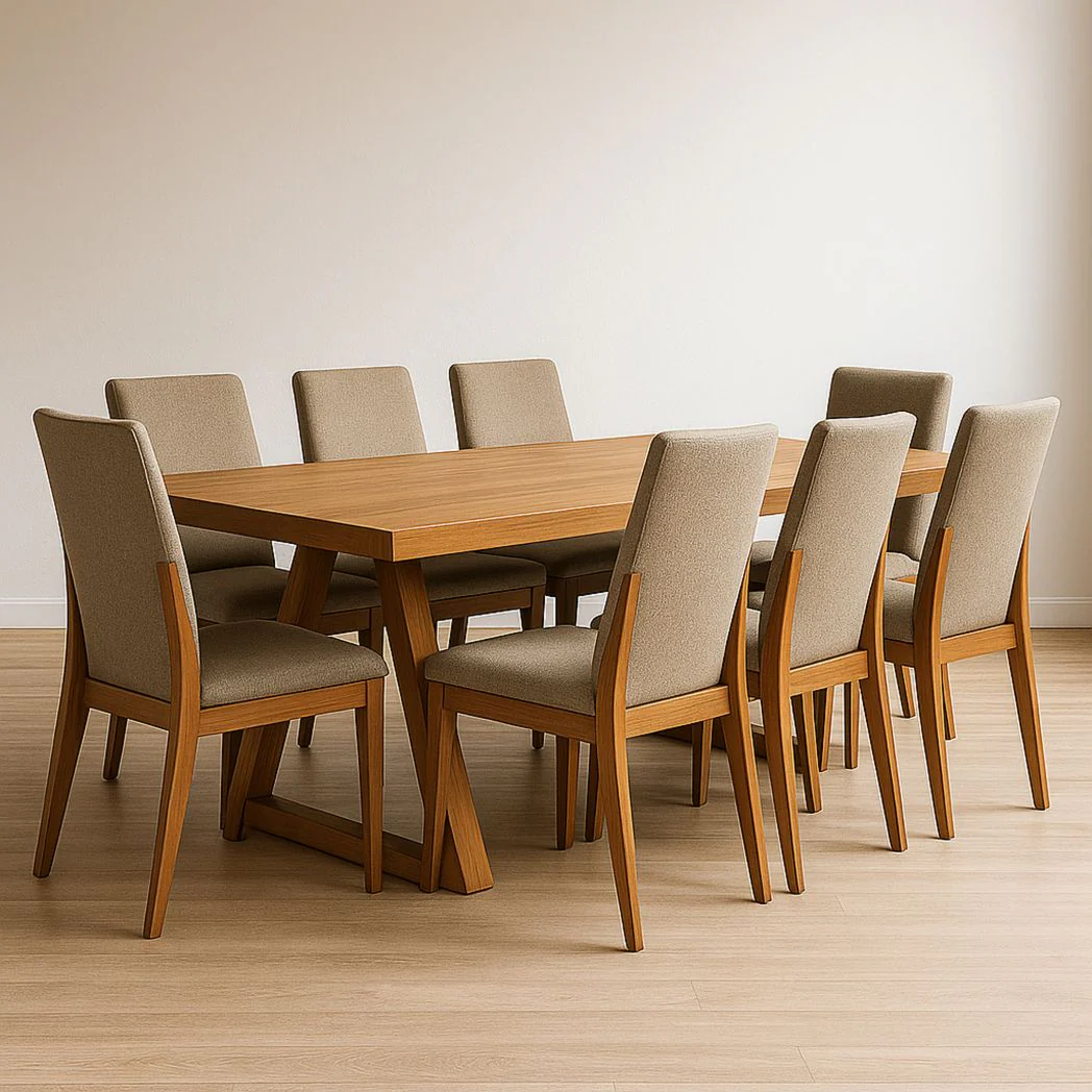 Ensemble table à manger rectangulaire en bois massif et 8 chaises en tissu beige