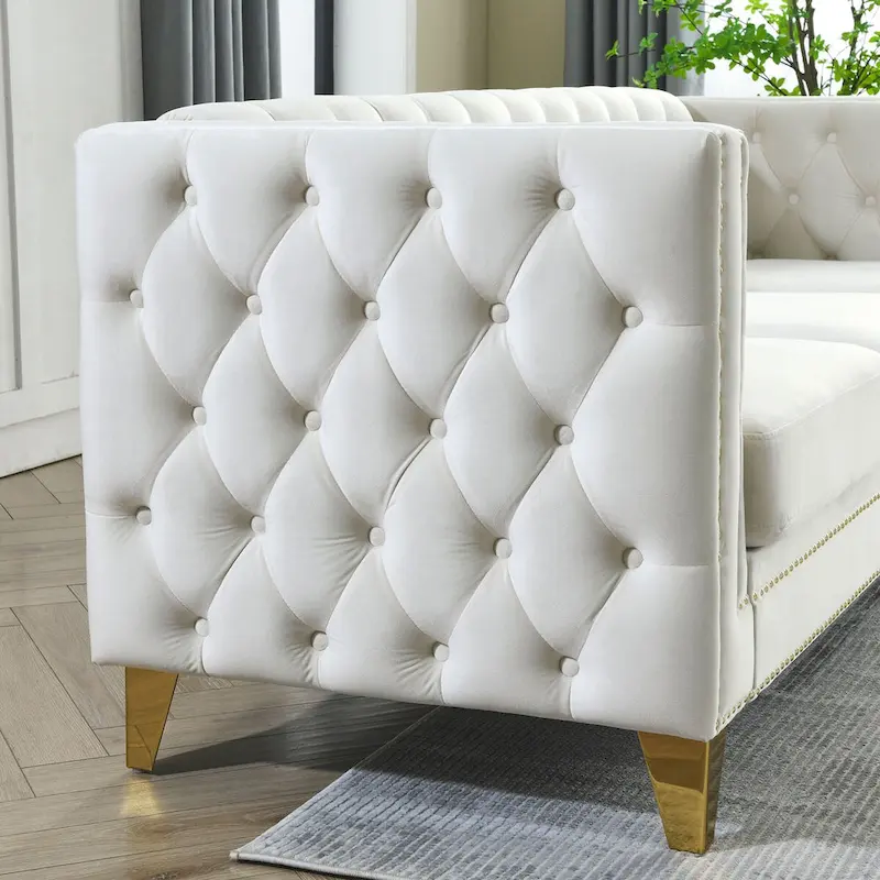 2-Pieces Velvet Upholstered 3 Seat Sofa, Classic Chesterfield Couch Buttons Tufted Square Arm Sofa with Nailheads and Metal Legs