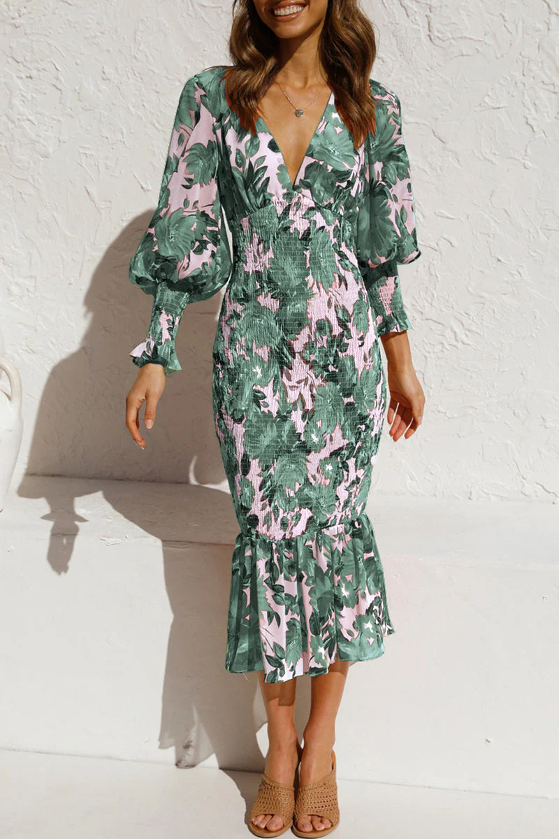 hulianfu Sweet Elegant Print Patchwork V Neck Waist Skirt Dresses(4 Colors) - Deanwangkt